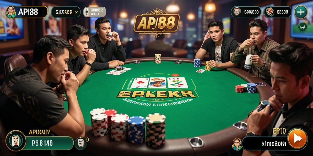 Screenshot utama menampilkan gameplay seru di API88 Poker.