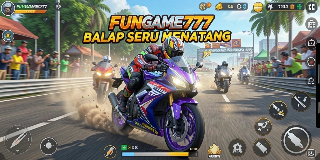 Gameplay memukau FUNGAME777 dengan balapan motor yang menarik.