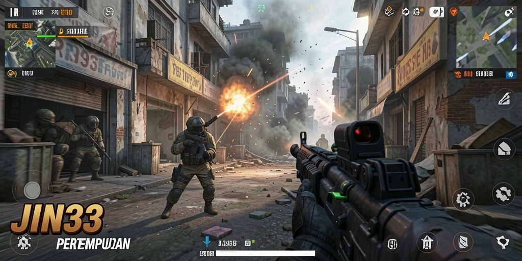 Screenshot gameplay JIN33 menunjukkan pertarungan FPS yang seru.