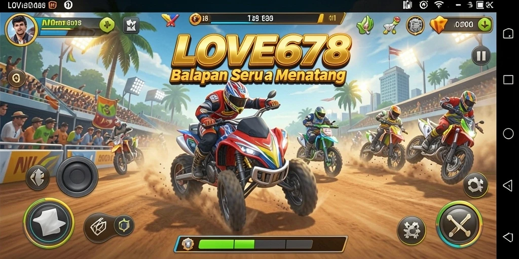 Gameplay LOVE678 yang mendebarkan dengan mobil balap di lintasan cepat.