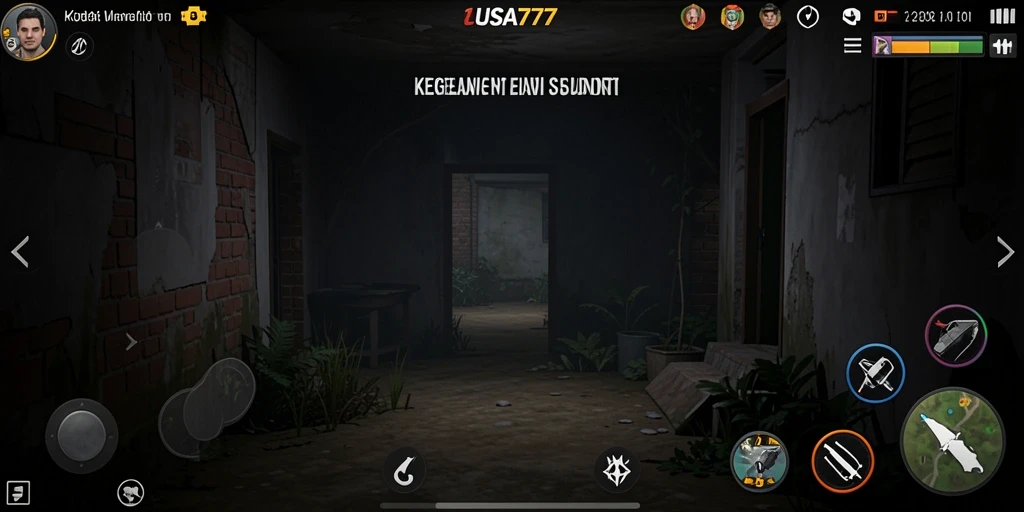 Screenshot utama gameplay LUSA777 yang menampilkan suasana mencekam dengan latar belakang gelap.