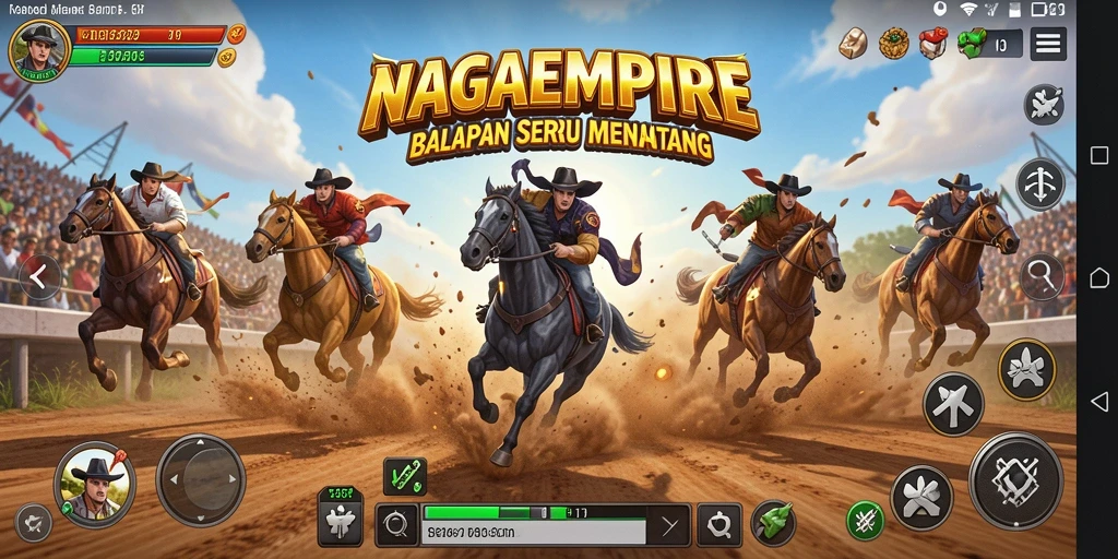 Screenshot gameplay NAGAEMPIRE menampilkan aksi balapan yang mendebarkan.