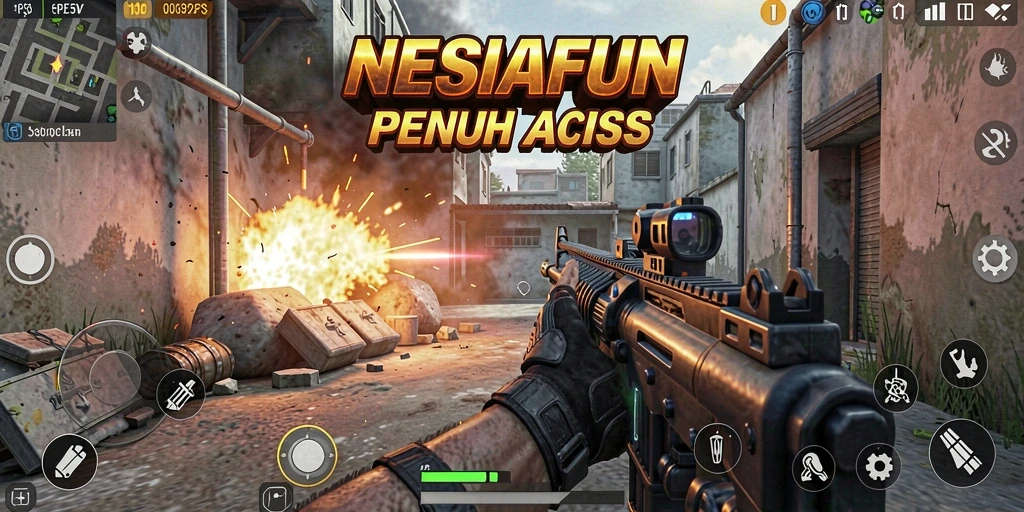Screenshot utama NESIAFUN menampilkan aksi tembak-menembak yang intens.